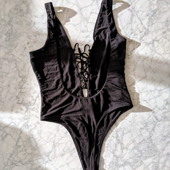 BCBG Plunging-V Lace-up "Tatum" Bodysuit - Picture 4 of 8